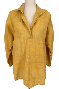 Dancing Ladies women's L/XL yellow 100% hemp rare v-neck tunic pullover shirt - Picture 1 of 10