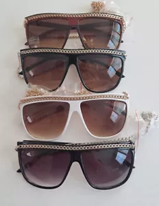 Women Sunglasses Flat Lens Plastic Frames Retro With Chain Shades Glasses - Picture 1 of 9
