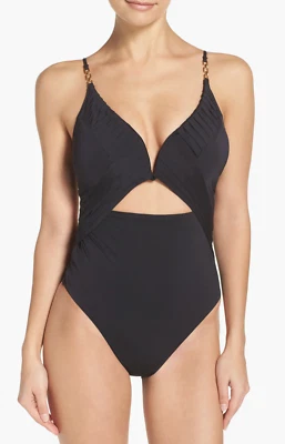 Nanette Lepore L141126 Feminino Preto Origami Pregas Deusa Uma Peça Tamanho P - Imagem 1 de 4