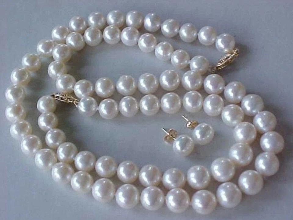 Natural 9-10mm genuine white akoya pearl necklace bracelet & earrings set AAA - Image 1 of 1