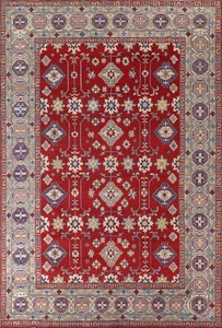 Alfombra de área de sala de estar súper kazaja hecha a mano rojo/marfil rojo 8'x12' - Imagen 1 de 12