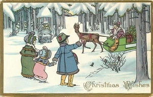 CHRISTMAS WISHES - PURPLE ROBED SANTA IN SLED & CHILDREN - 1917 POSTCARD - Picture 1 of 2