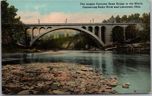 c1910s ROCKY RIVER BRIDGE Ohio Postcard "Largest Concrete Span Bridge in World" - Picture 1 of 2