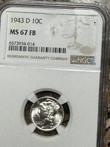 1943 D Silver Mercury Dime NGC MS67 FB - Brilliant GEM - Picture 1 of 3