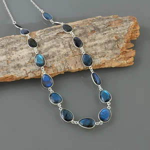 Blue Fluorescent Labradorite Oval Stone Charm Necklace Elegant Statement Jewelry - Picture 1 of 7