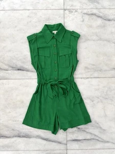 Luxxel Romper Green Linen Pockets Button Belt Elastic Waist Womens M See Below - Picture 1 of 10