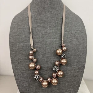 Talbots Heavy Rose Gold Tone Ball & Rhinestone Necklace Ribbon Tie Necklace - Picture 1 of 5