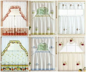 3 PC Kitchen Curtain Set Embroidered Ruffled Swag Valance & Tiers RT Collection - Picture 1 of 9