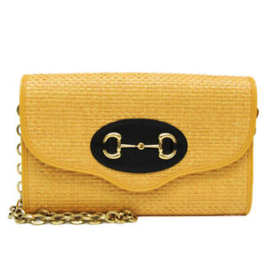 Gucci Horsebit 655667 Women's Straw,Leather Shoulder Bag Yellow BF567033