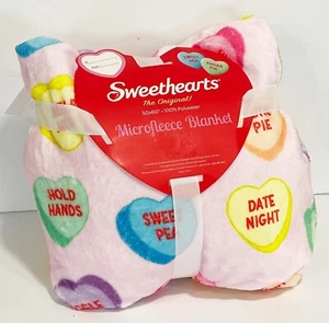 Sweethearts 50x60" Valentine's Day Candy Hearts Microfleece Plush Throw Blanket - Picture 1 of 5