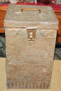 Antik Nahöstlich Flämisch Kupfer Metall Behälter Box Griff Blumen Schnörkel - Bild 1 von 12