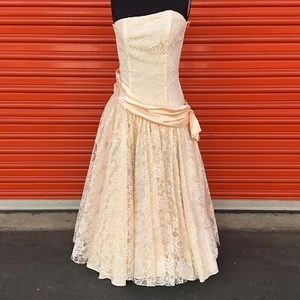 Vintage 80s Zum Zum Prom Formal Lace Strapless Dress Peach Orange Glitter 7/8 - Picture 1 of 13