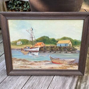 16" De colección 1987 Long Island Barco Casas Escena Óleo a Bordo con Marco de Madera Oscura - Imagen 1 de 5