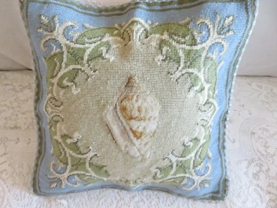 Stunning French OCEAN BLUE Shell Nautical Vintage w/Fringe Needlepoint Pillow #2 - Image 1 of 4