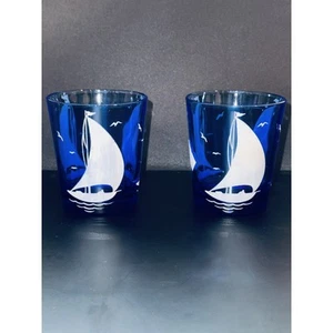 Hazel Atlas Cobalt Blue Sailboat Tumblers - Set of 2 Glass Cups - Picture 1 of 7