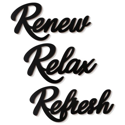 Arte de pared de baño para relajarse, renovar, refrescar 3 piezas, letras negras de madera, baño con... Foto 1 de 4