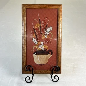 Vintage 80s Crosstitch Wall Hanging Framed Decor Floral 12.5" x 7.25" Bnft Chrty - Picture 1 of 8