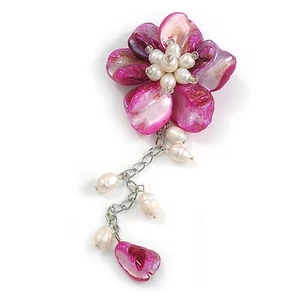 50mm D/Magenta Shell and Freshwater Pearls Chain with Charms Asymmetric Flower - Picture 1 of 6