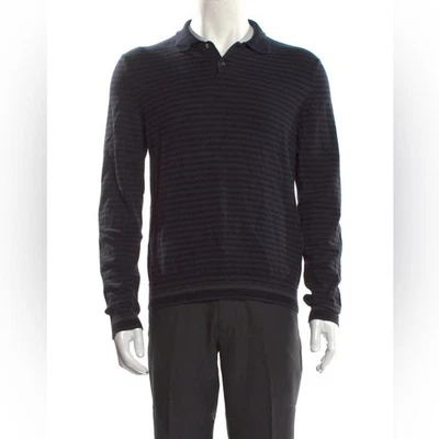 A.P.C. Camisa polo masculina listrada manga longa pequena preta cinza carcela de dois botões - Imagem 1 de 4