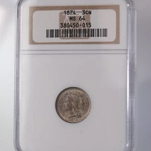 1874 níquel de tres centavos 3CN certificado NGC MS64 - Imagen 1 de 4