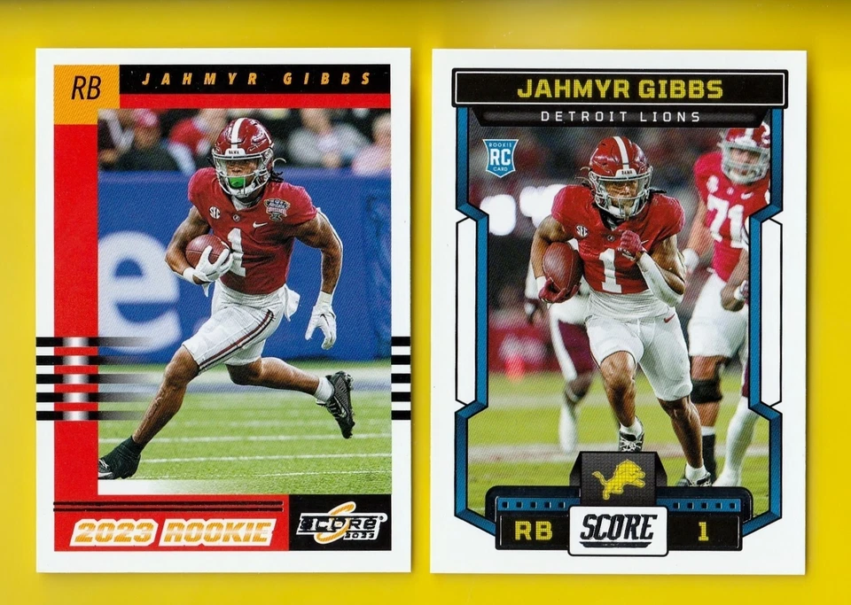 2023 Score 316 Jahmyr Gibbs RC + 2003 Throwback 9 Lions Rookie RB 2 Cards - Image 1 of 1