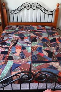 Antique 1930s Handmade Crazy Quilt TOP 68x86" Silk and Rayon EXCELLENT CONDITION - Picture 1 of 16