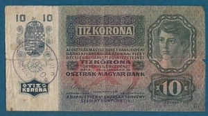 10 Korona 1915. Austria Hungary banknotes, stamp POGLAVARSTVO OPĆINE U MAJURU ! - Picture 1 of 2