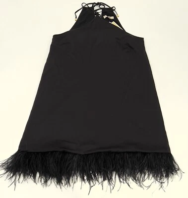 Michael Kors Dress L Womens Black Feather Trim Halter Neck Polyester - Image 1 of 4