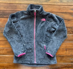 The North Face Dark Gray Pink Sherpa Fleece Girls Zip Up Jacket Coat 10 12 M - Picture 1 of 2