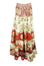 Boho Gypsy Hippy Chic Recycled Sari Beige Maxi Skirt Tiered Summer Skirt S/M