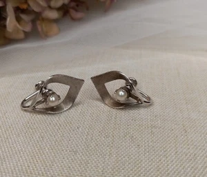 Vintage Van Dell Ohrringe strukturiert Silber Schraubverschluss mit Kunstperlen 40er Schmuck  - Bild 1 von 5