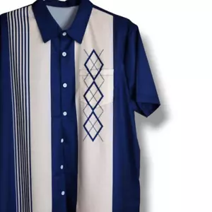 Mens Blue White Retro Bowling Shirt Sz Medium Short Sleeve Button Frt Rockabilly - Picture 1 of 9