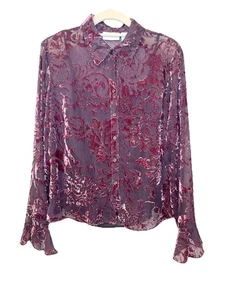 Worthington Velvet Blouse Sz 12 Burgundy Button Up Sheer Long Trumpet Sleeve EUC - Picture 1 of 11