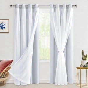Greyish White Blackout Curtains with Sheer Overlay, Grommet Thermal Insulated... - Picture 1 of 8