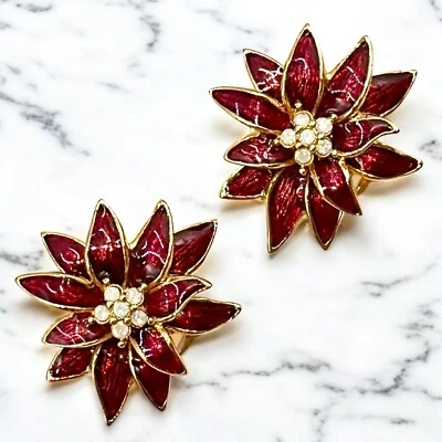 Pendientes de Clip Vintage Clásicos Nolan Miller Navidad Poinsettia Tono Oro Rojo Foto 1 de 4