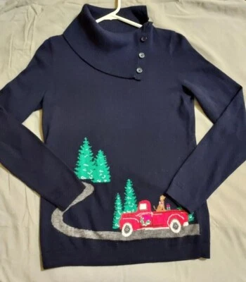   OFERTA NUEVO SIN ETIQUETAS Suéter Talbots XS Azul Marino Árbol de Navidad/Camión/Perro  Foto 1 de 4
