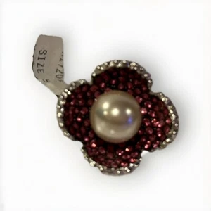 Rhodium Flower Shaped Hot Pink Zirconia Natural Pearl  Vintage Beautiful Ring.  - Picture 1 of 2