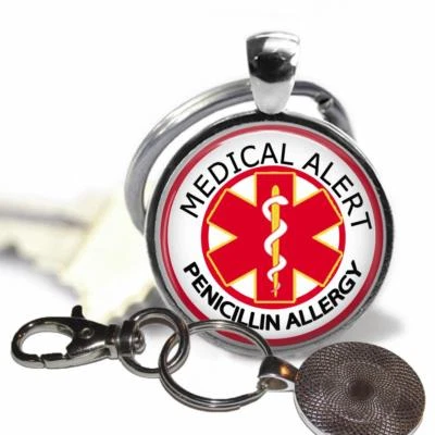 Penicillin Allergy Medical Alert Glass Top Key Chain Medical Allergies Alert - Image 1 of 2