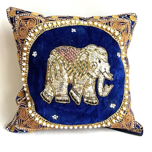 pillow cover case Thai Burmese embroidered elephant bead sequins handmade blue - Picture 1 of 9
