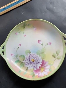 Vintage Hand Painted Nippon 8 in dinner plate. Green trim . Pink & White Flower - Picture 1 of 6