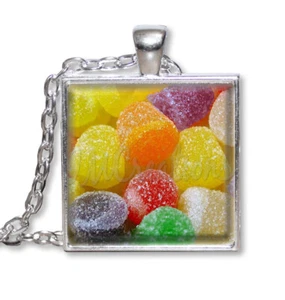 Holiday Candy Gum Drop Pattern - Handmade Square Glass Pendant Necklace - Picture 1 of 9