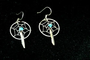 VTG 925 Sterling Silver Dreamcatcher Feather Earrings Turquoise Native Indian - Picture 1 of 4