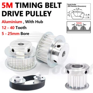 5M 15mm Timing Belt Drive Pulley with Hub 5mm Pitch 12-40 Tooth 5-25mm Bore Alu - Picture 1 of 25