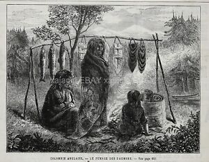 Canada British Columbia Native Americans Smoking Salmon Fish 1880s Antique Print
