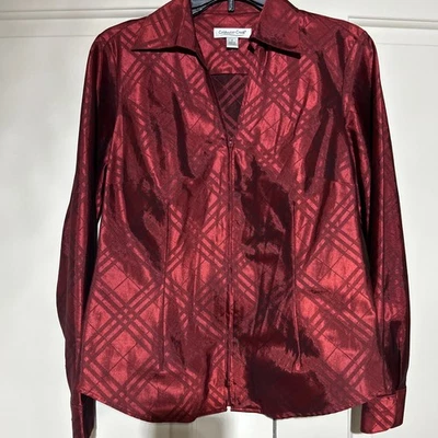 Coldwater Creek S Maroon Satin Like Zip Up Collared V Neck Blouse Holiday EUC - Image 1 of 4