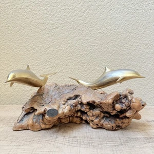 John Perry 2 Brass/Metal Dolphins on Manzanita/Burl Wood Sculpture - WEAR/READ - Picture 1 of 24