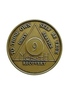 9 Month AA Medallion Alcoholics Anonymous Sobriety Coin BLING Yellow Bronze NEW - Picture 1 of 2