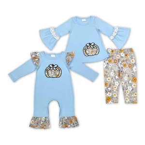 Toddler Girls Fall Wear Sibling Sister Floral Pumpkin Blue Tunic Top Outfit - Picture 1 of 5