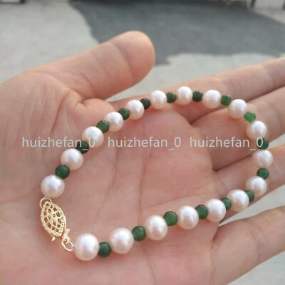 New Design Adorable South Sea White Pearl & Green Jade Bracelet 14k GP Clasp - Image 1 of 4