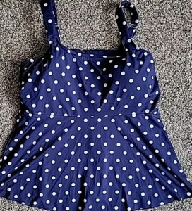 Lands' End Women's Navy L 14-16 DDD Swim Top Scoop Neck Flutter Polka Dot S592 - Picture 1 of 7